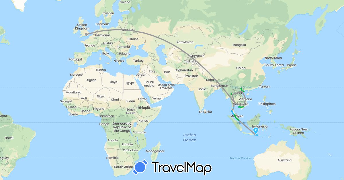TravelMap itinerary: driving, bus, plane, boat in United Kingdom, Indonesia, Cambodia, Malaysia, Singapore, Thailand, Vietnam (Asia, Europe)